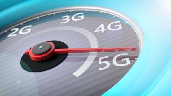 5G High speed network connection. Reaching 5g, speedometer closeup view. 3d illustration