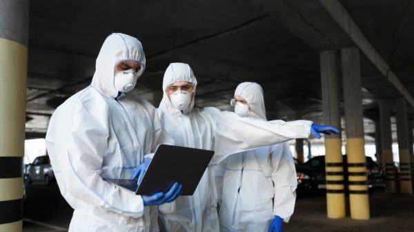 Virologists measuring level of coronavirus bacteria on streets