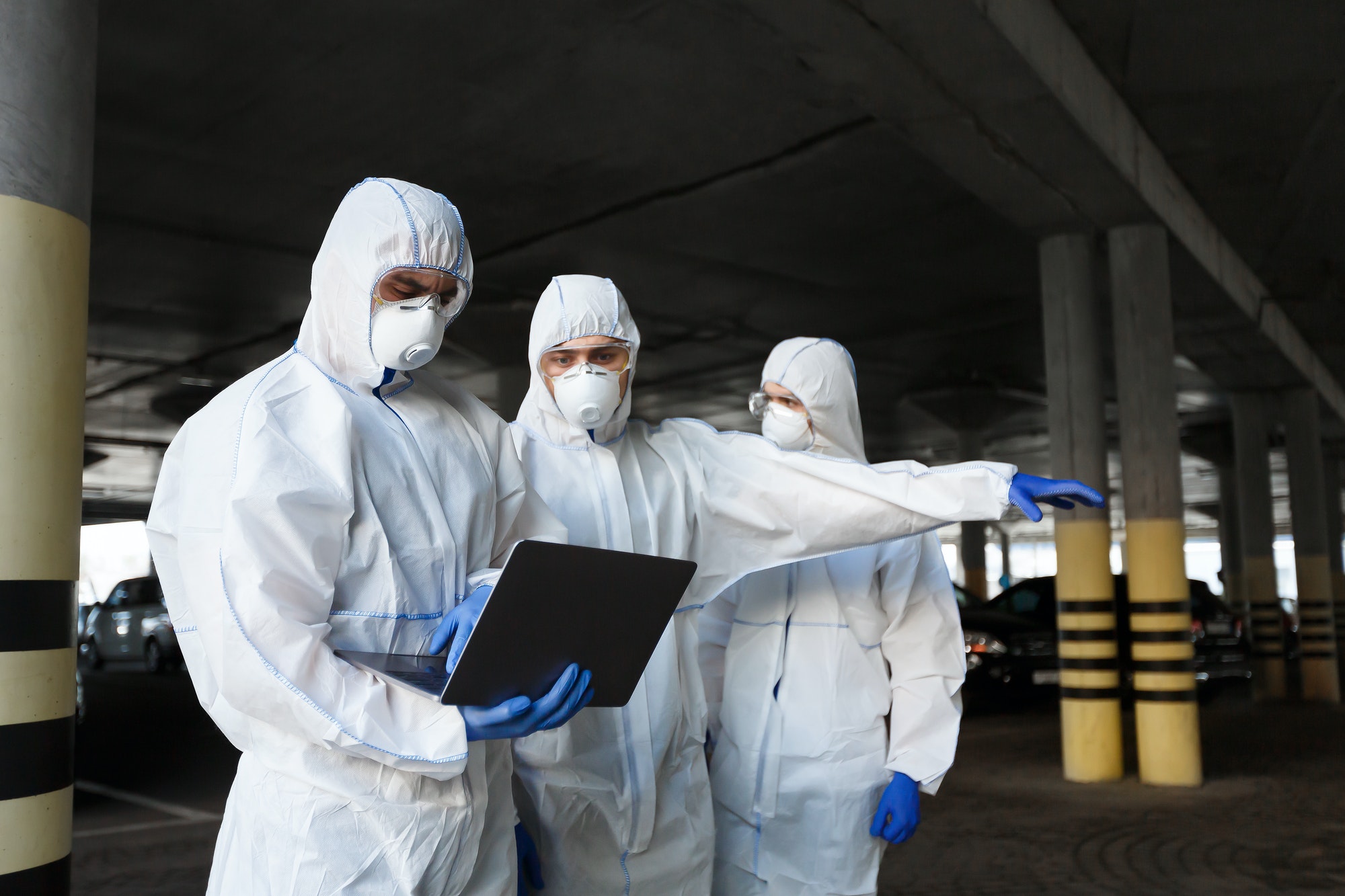 Virologists measuring level of coronavirus bacteria on streets