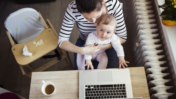 Young mother working from home