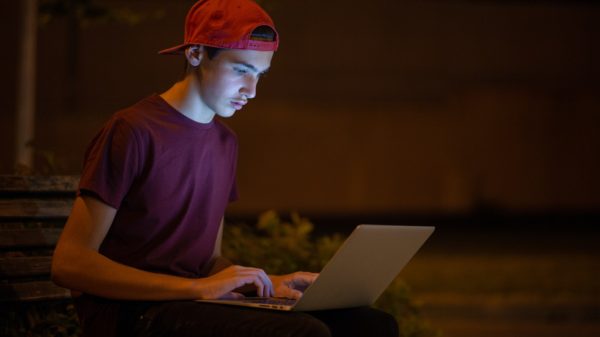 Teenage boy with a laptop in the park.